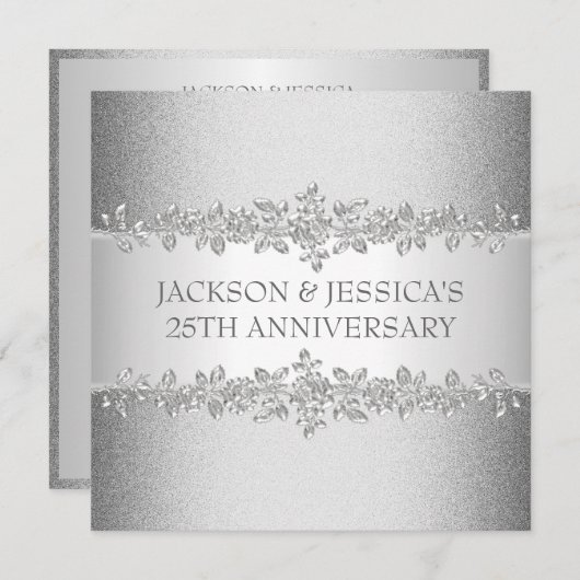 Elegant Silver Rozen 25th Jubileum Party Kaart (Voorkant / Achterkant)