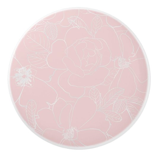 Elegant Silver Rozen Floral Tekening roze design Keramische Knop (Voorkant)