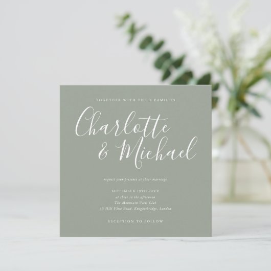 Elegant Silver Sage Signature Wedding Invitation Kaart (Staand voorkant)