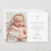 Elegant Silver Script Baptism Christening Foto Bedankkaart (Voorkant)