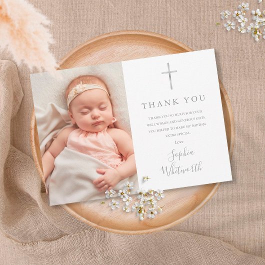 Elegant Silver Script Baptism Christening Foto Bedankkaart