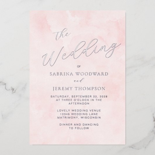 Elegant Silver Script Blush Waterverf Wash Folie Uitnodiging (Voorkant)