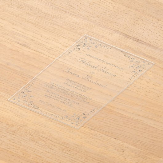 Elegant  Silver Script Botanisch Lijst Acryl Uitnodigingen (Laagn)