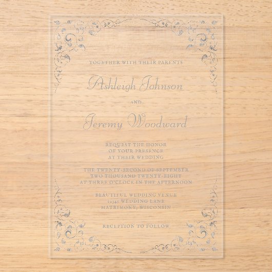 Elegant  Silver Script Botanisch Lijst Acryl Uitnodigingen (Voorkant)