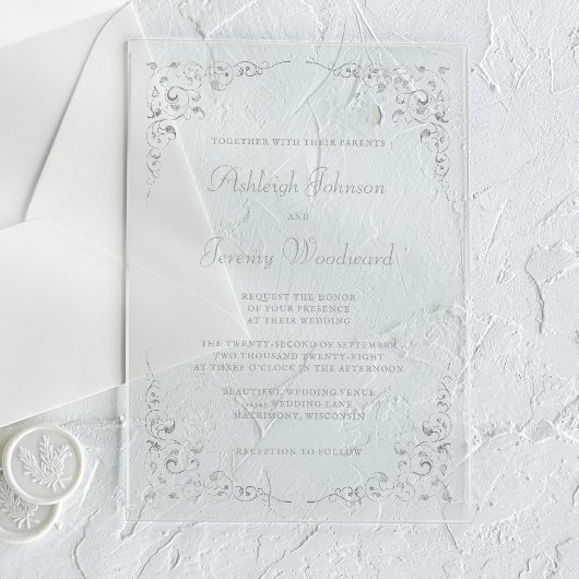 Elegant  Silver Script Botanisch Lijst Acryl Uitnodigingen