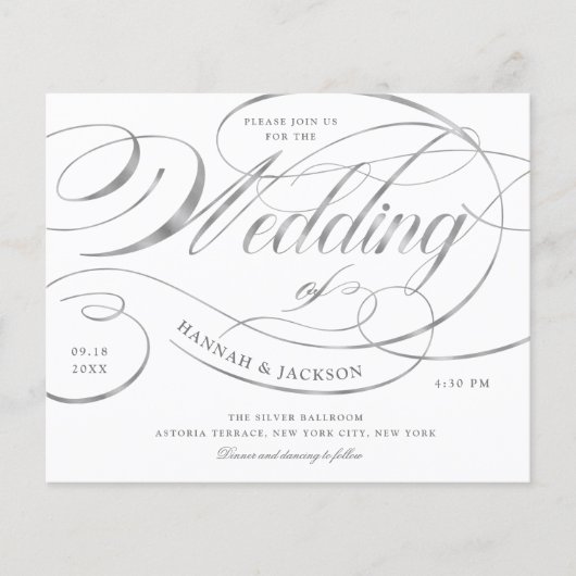 Elegant Silver Script Budget Weduwen Uitnodiging (Voorkant)