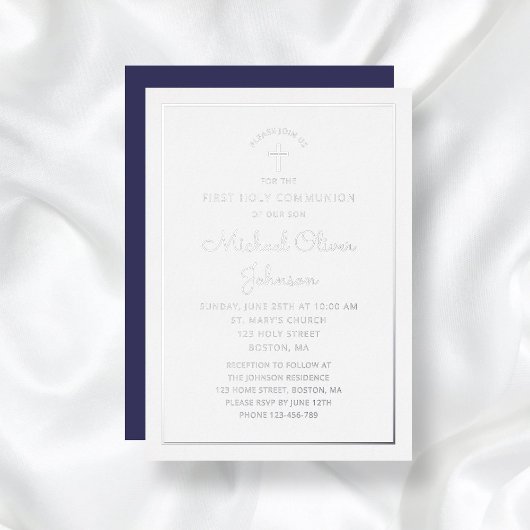 Elegant Silver Script Navy Blue First Community Folie Uitnodiging