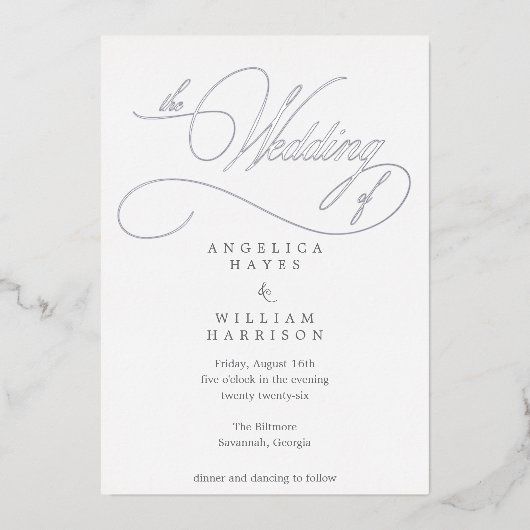 ELEGANT SILVER SCRIPT WEDDING INVITATION | MINIMAA FOLIE UITNODIGING (Voorkant)