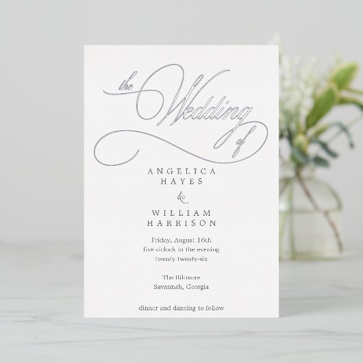 ELEGANT SILVER SCRIPT WEDDING INVITATION | MINIMAA FOLIE UITNODIGING (Staand Voorkant)