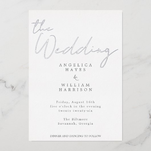 ELEGANT SILVER SCRIPT WEDDING INVITATION | MINIMAA FOLIE UITNODIGING (Voorkant)