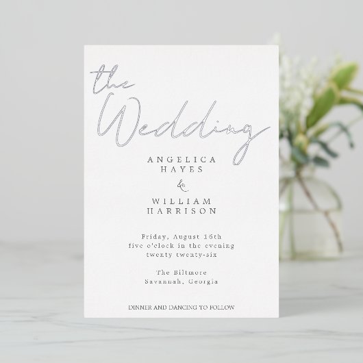 ELEGANT SILVER SCRIPT WEDDING INVITATION | MINIMAA FOLIE UITNODIGING (Staand Voorkant)