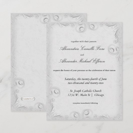Elegant Silver Scrollwork Formal Wedding Invite Kaart (Voorkant / Achterkant)