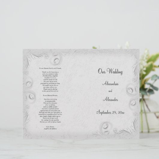Elegant Silver Scrollwork Wedding Programme (Staand voorkant)