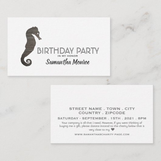 Elegant Silver Seahorse, Birthday Party Ticket Informatiekaartje (Voorkant / Achterkant)