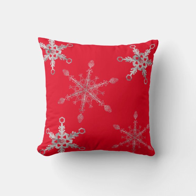 Elegant Silver Snowflakes Red Kussen (Voorkant)