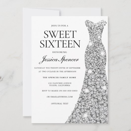 Elegant Silver Sparkle Dress Sweet 16 Invite Kaart (Voorkant)