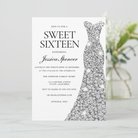 Elegant Silver Sparkle Dress Sweet 16 Invite Kaart (Staand voorkant)