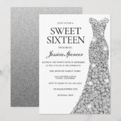 Elegant Silver Sparkle Dress Sweet 16 Invite Kaart (Voorkant / Achterkant)