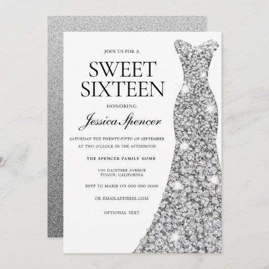 Elegant Silver Sparkle Dress Sweet 16 Invite Kaart (Voorkant / Achterkant)