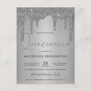 Elegant Silver Sparkle Glitter Drift Quinceañera Briefkaart
