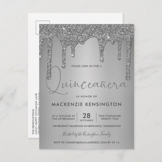 Elegant Silver Sparkle Glitter Drift Quinceañera Briefkaart (Voorkant / Achterkant)