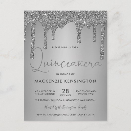 Elegant Silver Sparkle Glitter Drift Quinceañera Briefkaart (Voorkant)