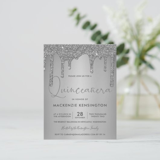 Elegant Silver Sparkle Glitter Drift Quinceañera Briefkaart (Staand voorkant)