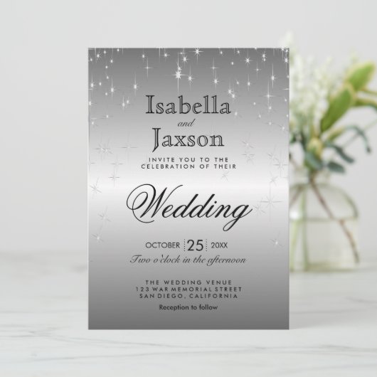 Elegant Silver Star Lights Weddenschap Kaart (Staand voorkant)