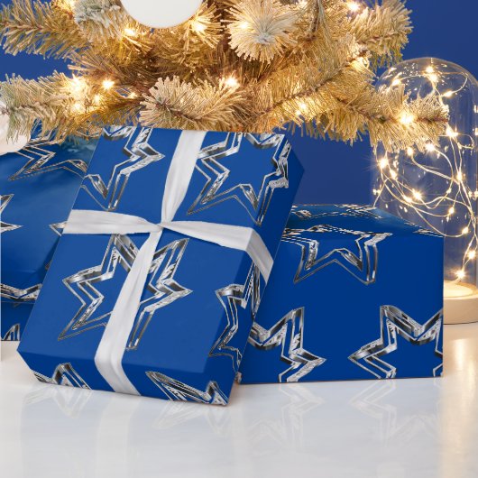 Elegant Silver Stars Pattern Blue Kerstmis Cadeaupapier (Feestdagen)