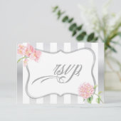 Elegant Silver Stripes Pink Hydrangeas RSVP Kaartje (Staand voorkant)