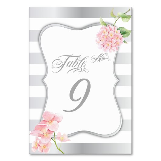 Elegant Silver Stripes Roze Hydrangea Tafel Kaart (Achterkant)