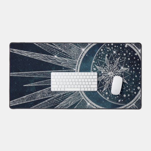 Elegant Silver Sun Moon Doodle Mandala Blue Design Bureaumat (Keyboard & Muis)