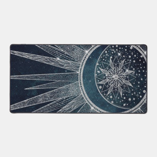 Elegant Silver Sun Moon Doodle Mandala Blue Design Bureaumat (Voorkant)