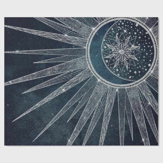 Elegant Silver Sun Moon Doodle Mandala Blue Design Cadeaupapier (Vlak)