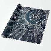 Elegant Silver Sun Moon Doodle Mandala Blue Design Cadeaupapier (Uitgerold)