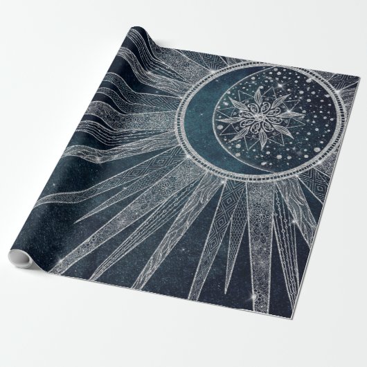 Elegant Silver Sun Moon Doodle Mandala Blue Design Cadeaupapier (Uitgerold)
