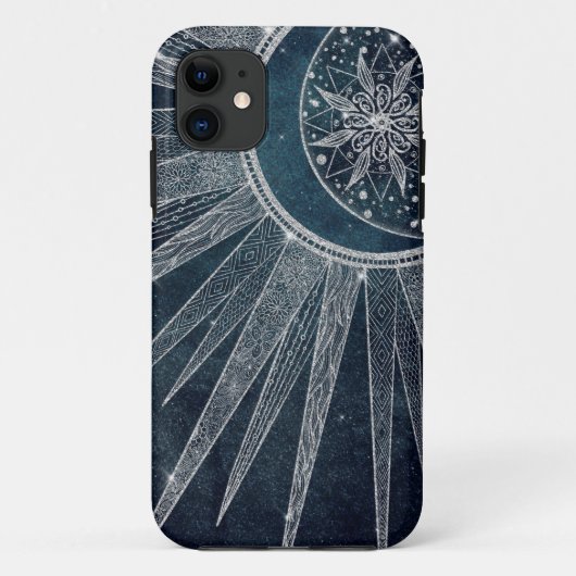 Elegant Silver Sun Moon Doodle Mandala Blue Design Case-Mate iPhone Case (Achterkant)
