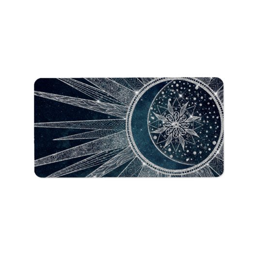 Elegant Silver Sun Moon Doodle Mandala Blue Design Etiket (Voorkant)