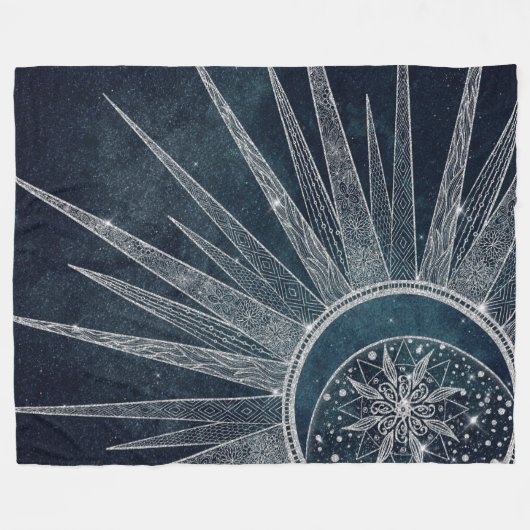 Elegant Silver Sun Moon Doodle Mandala Blue Design Fleece Deken (Voorkant (Horizontaal))