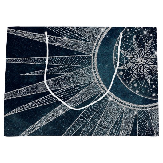 Elegant Silver Sun Moon Doodle Mandala Blue Design Groot Cadeauzakje (Voorkant)