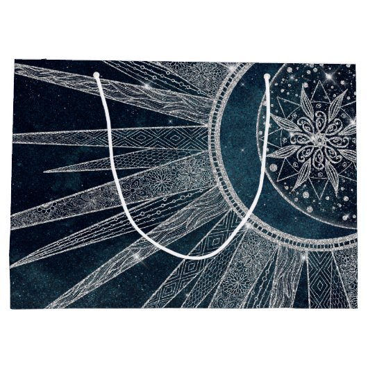 Elegant Silver Sun Moon Doodle Mandala Blue Design Groot Cadeauzakje (Achterkant)
