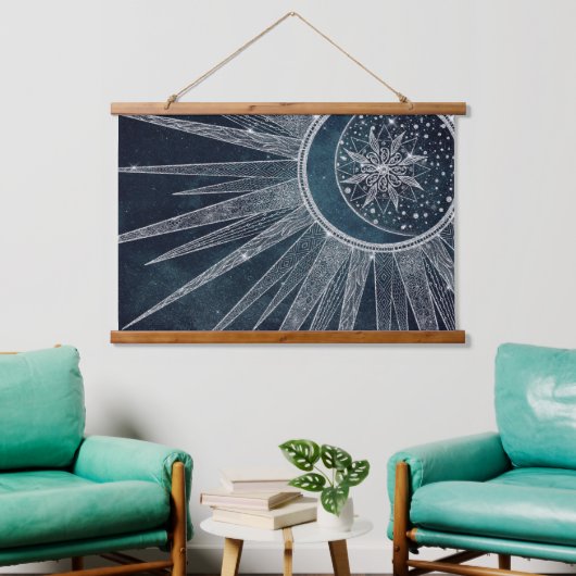 Elegant Silver Sun Moon Doodle Mandala Blue Design Hangend Wandkleed (Woonkamer)