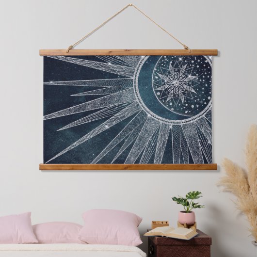 Elegant Silver Sun Moon Doodle Mandala Blue Design Hangend Wandkleed (Slaapkamer)