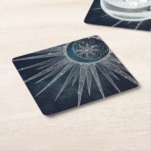 Elegant Silver Sun Moon Doodle Mandala Blue Design Kartonnen Onderzetters (Schuin)