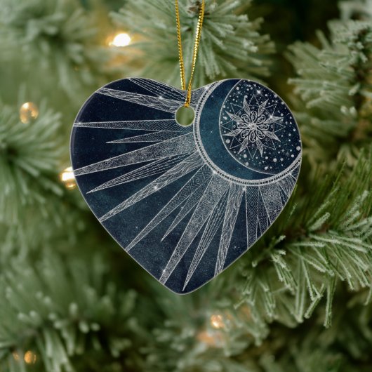 Elegant Silver Sun Moon Doodle Mandala Blue Design Keramisch Ornament (Boom)