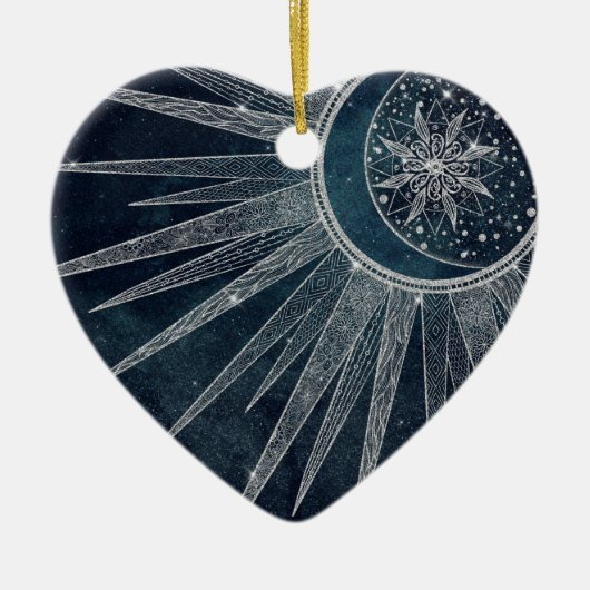 Elegant Silver Sun Moon Doodle Mandala Blue Design Keramisch Ornament (Voorkant)