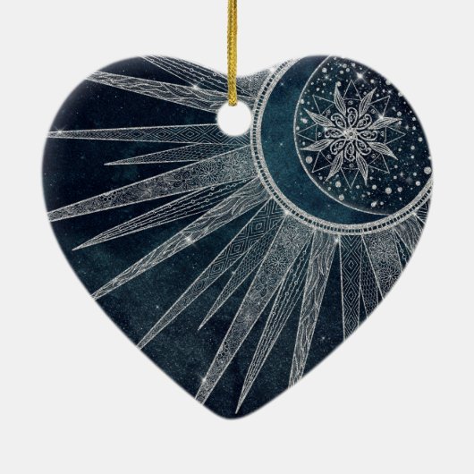 Elegant Silver Sun Moon Doodle Mandala Blue Design Keramisch Ornament (Achterkant)