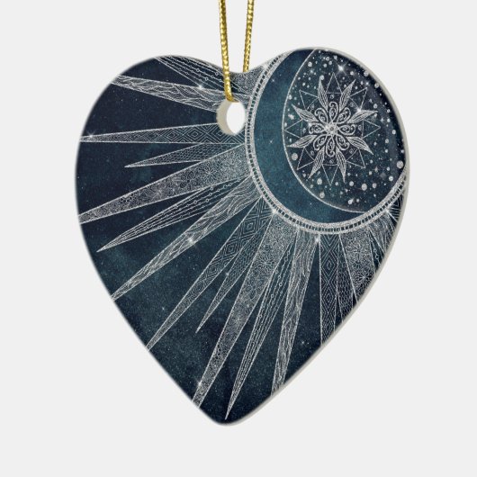 Elegant Silver Sun Moon Doodle Mandala Blue Design Keramisch Ornament (Links)