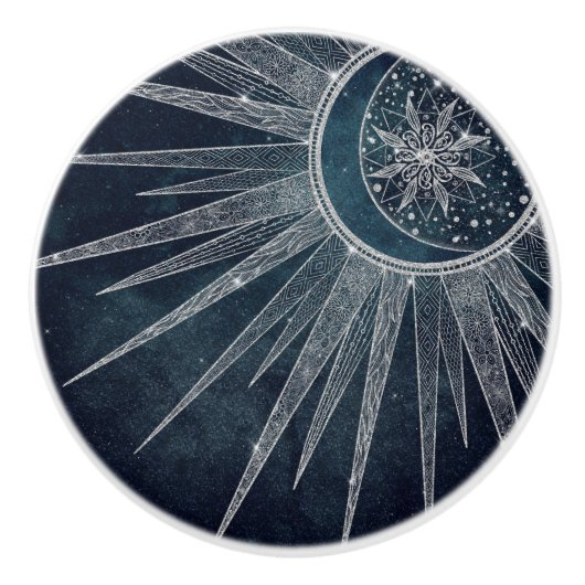 Elegant Silver Sun Moon Doodle Mandala Blue Design Keramische Knop (Voorkant)