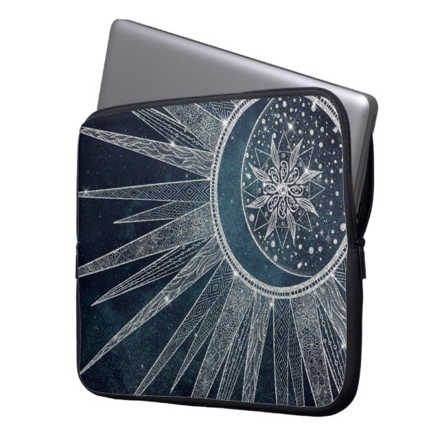 Elegant Silver Sun Moon Doodle Mandala Blue Design Laptop Sleeve (Voorkant Links)